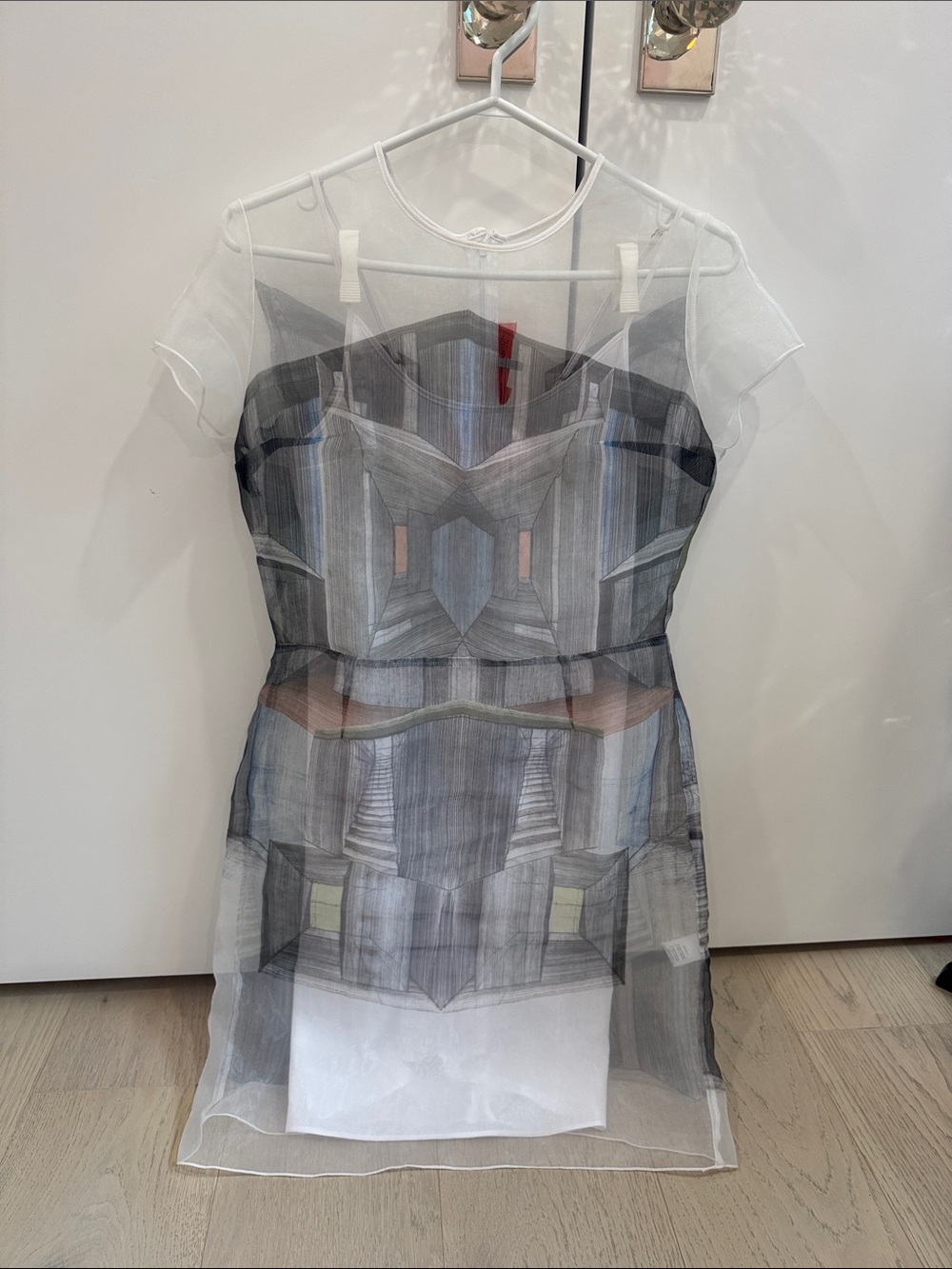 Clover Canyon Sheer Geometric Overlay Mini Dress in Gray and White